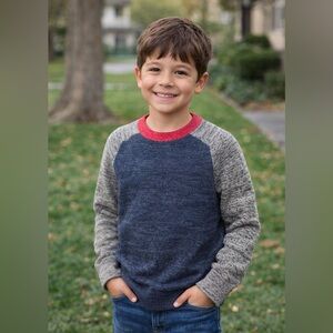 Gap Kids Raglan Crewneck Sweater Navy Gray Red Trim Size Medium Cotton Blend